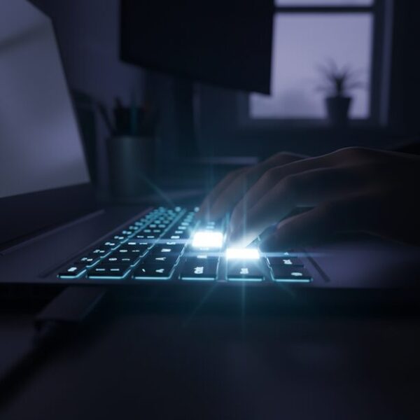 作業効率化の鍵となるキーボードショートカットの重要性を表現。CtrlキーやCommandキーが光を放ち、マウスなし操作におけるスピードと生産性の向上をイメージさせる。