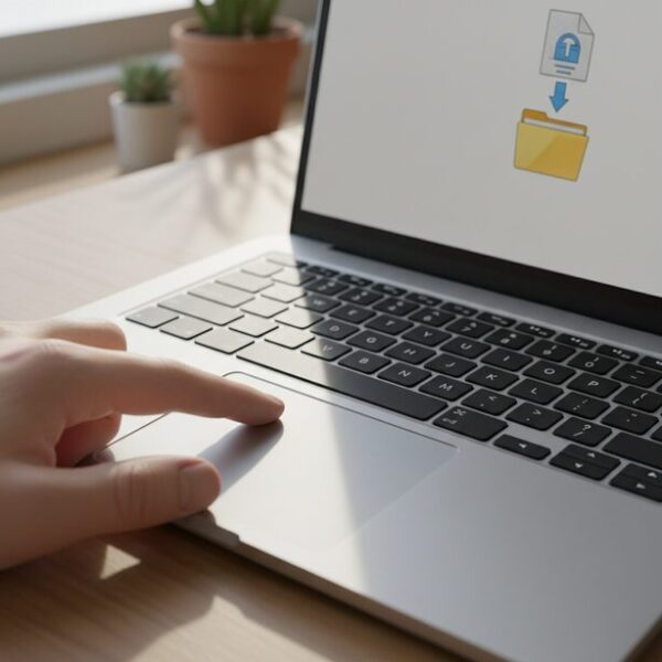 タッチパッドでドラッグアンドドロップを確実に行う方法。片方の指で対象をタップして押さえたまま、もう片方の指でスライドさせる両手を使った操作で、ファイル移動の失敗を防ぐ。