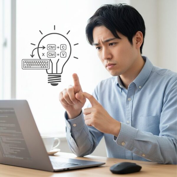 マウスなし操作で指が疲れる原因と対策。タッチパッドへの負担集中を避けるため、キーボードショートカットを多用することが最も効果的な疲労軽減策であることをイメージさせる。