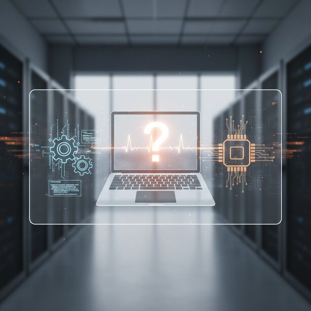 ノートパソコンの設計図の上で、ソフトウェアのアイコンとハードウェアのチップが対比され、カーソルが消えた原因がどちらか分析している未来的なイメージ。