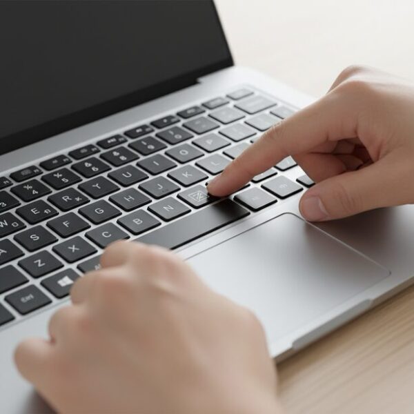 ノートパソコンのキーボードで、Fnキーとタッチパッド無効化のファンクションキーを同時に押し、意図せずロックされた機能を解除しようとする両手の様子。