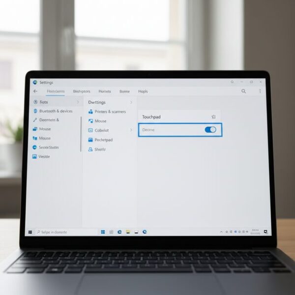 Windowsの設定画面上で、タッチパッドの項目が表示され、オンとオフを切り替えるスイッチ部分がハイライトされている。カーソルがない状態での確認作業。