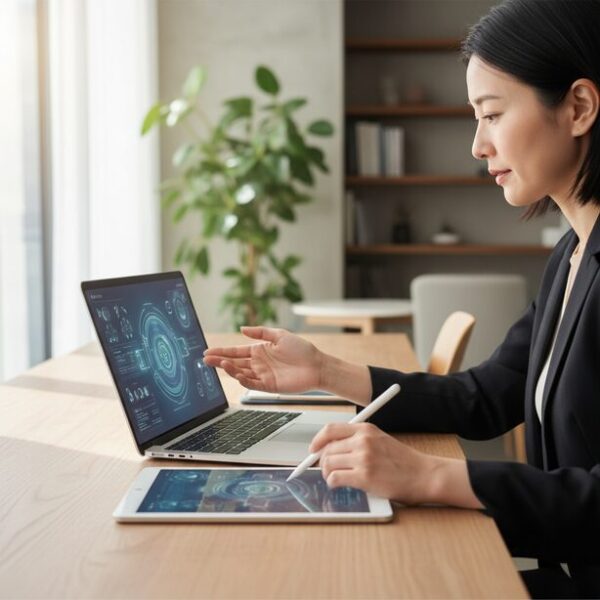 自宅の机でWindows 10のタッチパッド設定をキーボードで操作。マウス接続時にカーソルが消える原因となるオプションのチェックボックスを確認している手元。