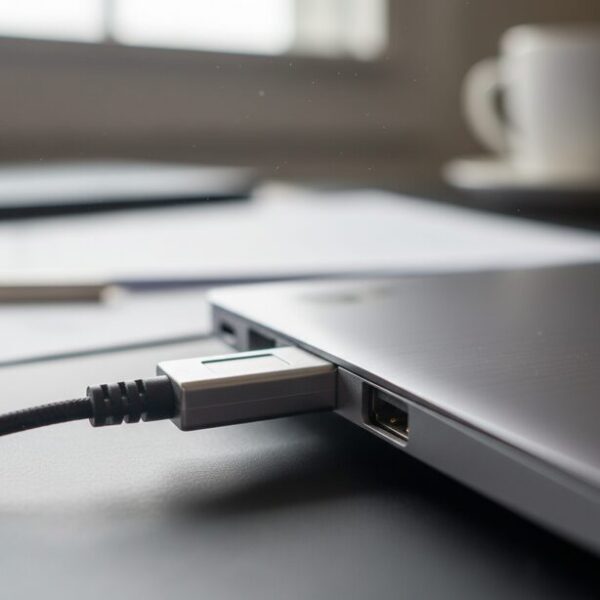 ノートパソコンのタッチパッドが反応しない原因を切り分けるため、USBポートに外付けマウスのコネクタを接続してカーソルが表示されるか試している手元。