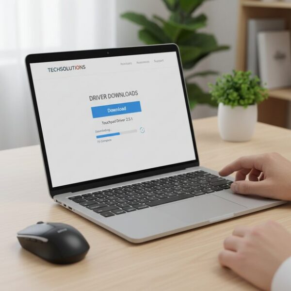パソコンメーカー公式サイトのサポートページから、最新のタッチパッドドライバーをダウンロードし、カーソルが消えた問題を解決するために再インストールする手順。