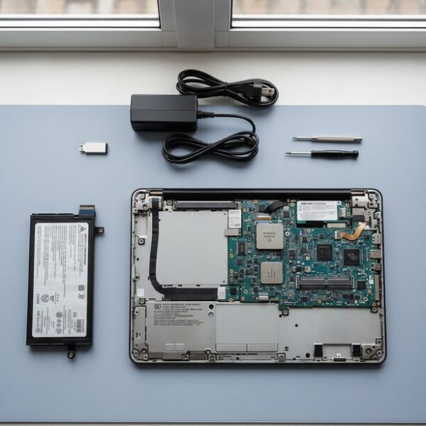 ノートパソコン本体からバッテリーやACアダプターを取り外し、内部の帯電を解消する放電作業。タッチパッドの誤作動をハードウェア面から対処する様子。