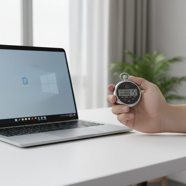 ストップウォッチでパソコンの再起動時間を計測している手元。SSDとHDDの平均的な起動時間の違いや、再起動が長いと感じる目安についての解説をイメージさせる。