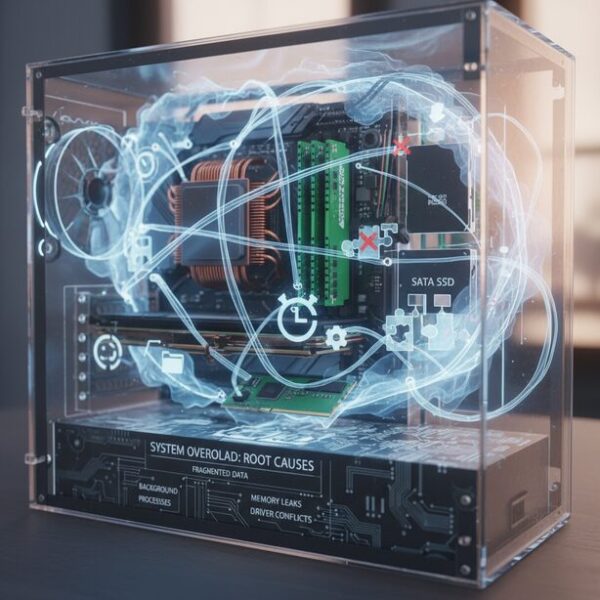 パソコンの再起動が遅い原因であるソフトウェアとハードウェアの複雑な関係。システムファイルの破損やストレージの劣化、メモリ不足といった複数の要因を示唆する。