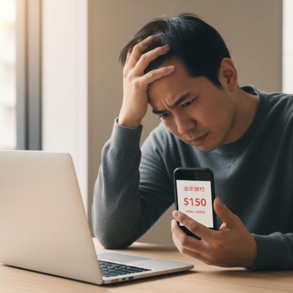 パソコン買取の事前査定額と本査定のギャップに驚く男性。スマホに表示された低い買取価格を見て、「減額がひどい」という悪い評判や口コミが本当だったのかと不安になっている。