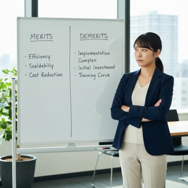 パソコン買取サービスの評判を分析し、メリットとデメリットを比較検討する女性。利用者のリアルな口コミから、自分に合ったサービスかどうかを慎重に見極めている状況。