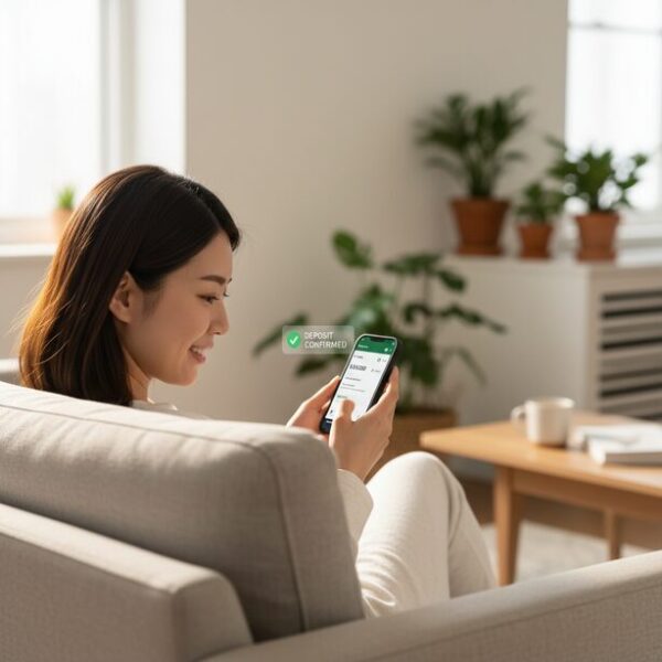 パソコン買取の査定承認後、銀行口座へのスピーディーな入金を確認して喜ぶ女性。宅配買取でも承諾後は素早く振り込まれ、申込みから現金化までの日数が短いのが魅力。