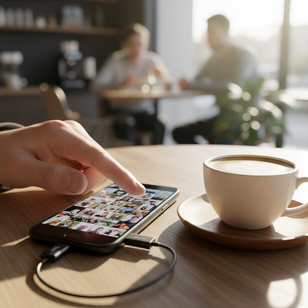 カフェのテーブルでOTG変換アダプタを使い、スマホとUSBメモリを接続して写真データを転送している手元。スマートフォンの容量不足を解消し、手軽にバックアップを取る便利な方法。
