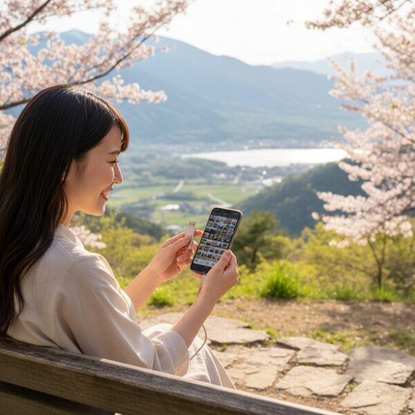 旅行中の女性がスマホとUSBメモリを接続し、撮影した写真を確認している。PC不要で手軽にデータ転送やバックアップができ、ストレージ不足の解消につながるメリットを表現。