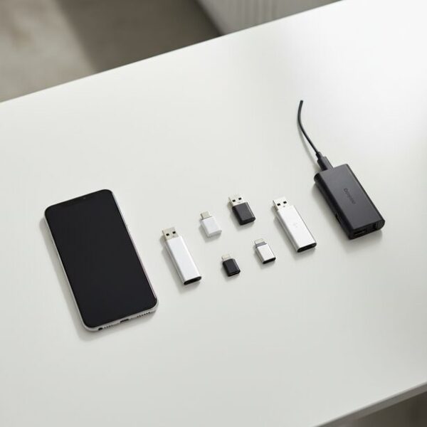 スマホでUSBメモリを見るために必要なもの一覧。スマートフォン本体、USBメモリ、そして両者を繋ぐ重要な役割を持つOTG変換アダプタを並べて紹介。