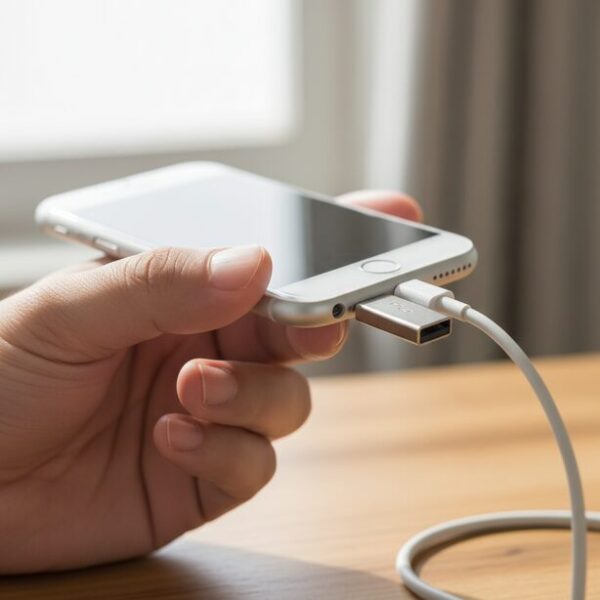 iPhone 14以前のモデルに必要なLightning端子用のアダプタ。Apple純正またはMFi認証品を選ぶ重要性を示し、給電しながら使えるUSB 3カメラアダプタの利便性も表現。