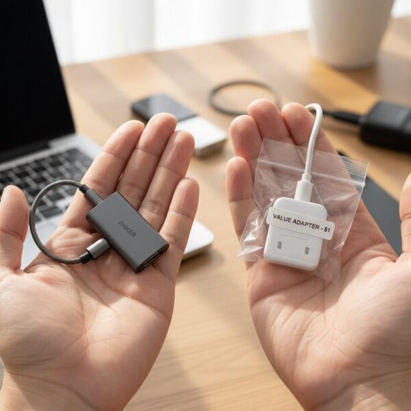 100均のOTG変換アダプタと信頼できるメーカー品の品質比較。価格は安いが耐久性や安定性に懸念があるため、大切なデータを扱う場合はメーカー品を選ぶことを推奨。