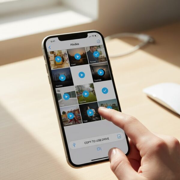 スマホの容量不足を解消するため、写真や動画データをUSBメモリへ保存する方法。「コピー」または「移動」を選び、ファイルマネージャー経由で外部ストレージへ転送する手順。