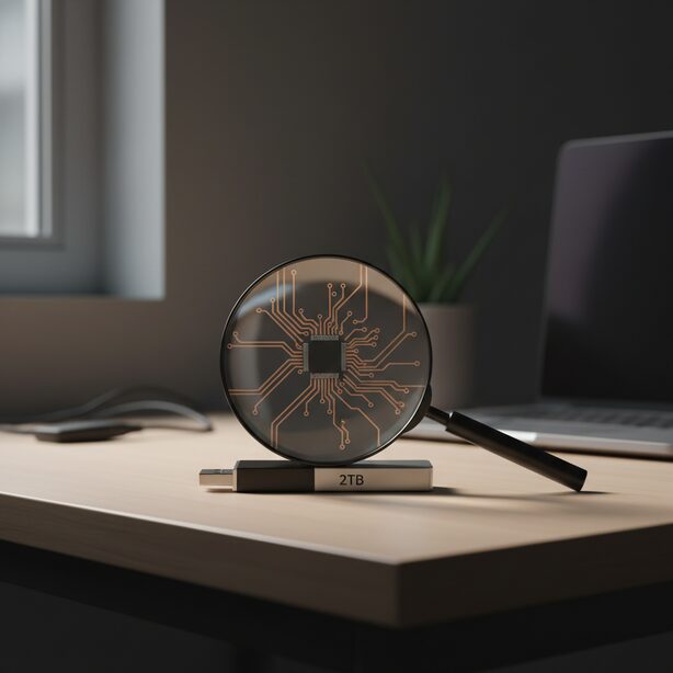 デスクに置かれた2TBのUSBメモリを虫眼鏡で覗き込むと、中身がスカスカで容量が偽装されていることがわかる。データ消失の危険性を警告し、偽物と本物の見分け方の重要性を示唆している。