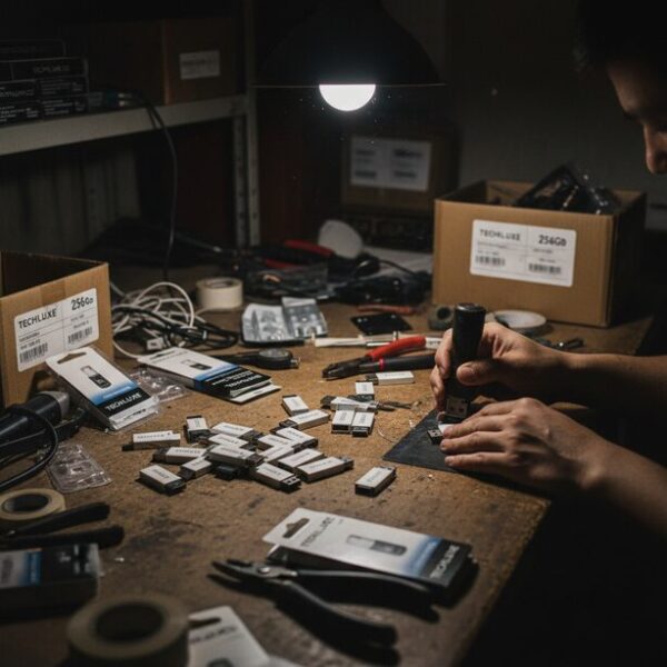 薄暗い作業場で、大量のUSBメモリにサンディスクなどの有名ブランドロゴを不正に印刷する偽造品製造の現場。容量詐欺を目的とした偽物が市場に多く出回る理由と、その危険な実態を物語っている。