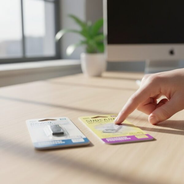 正規品と偽物のUSBメモリのパッケージを並べて比較し、偽造品の見分け方を解説。偽物特有の不鮮明な印刷や安っぽい外観に焦点を当て、価格だけでなく見た目で判断する重要性を示している。