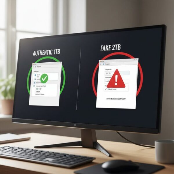 パソコン上で比較される、USBメモリの表示容量と実際に使える容量の違い。正規品の正常な差異と、偽物の容量詐欺による全く信用できない表示の違いを明確にし、正しい知識の重要性を解説している。
