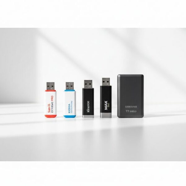 サンディスク、キオクシア、キングストンテクノロジー、サムスンなど、信頼できるおすすめメーカーのUSBメモリ製品が一列に並ぶ。失敗しない選び方として、実績のあるブランドを選ぶことの重要性を示している。