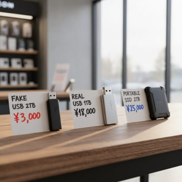 偽物USBメモリ、本物USBメモリ、ポータブルSSDの価格相場を値札で比較。2TBで数千円という価格がいかに異常であるかを示し、正しい知識を持つことで容量偽装の危険を回避できることを表す。