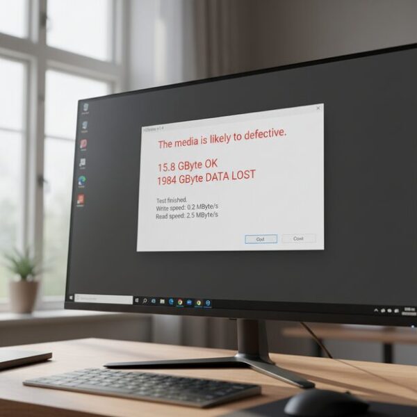 容量チェックツールH2testwのテスト結果画面。「DATA LOST」と表示され、2TBが偽装で実際の容量は16GB程度しかないことが判明。偽物のUSBメモリの正体を暴く決定的な証拠となる。