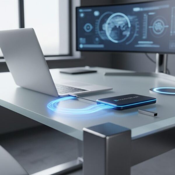 ノートパソコンに接続され、高速でデータ転送を行うスタイリッシュなポータブルSSD。2TBの大容量が必要な場合、偽物USBメモリのリスクを避け、信頼性と速度に優れたSSDが最適な代替案となる。