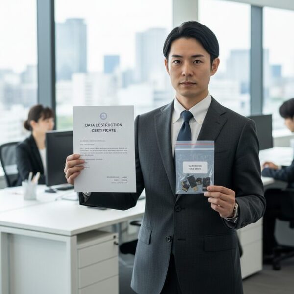 スーツ姿の人物がデータ消去証明書を確認する様子。法人は個人情報保護法を遵守し、事業で使ったUSBメモリを産業廃棄物として適切に処理する義務があること。