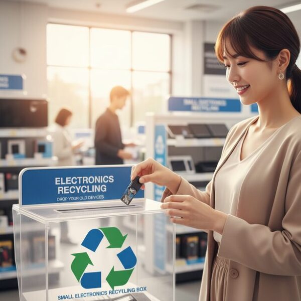 家電量販店に設置された小型家電回収ボックスに、不要になったUSBメモリを投入する人。データを自己責任で消去した上で、手軽に処分できるリサイクル方法。