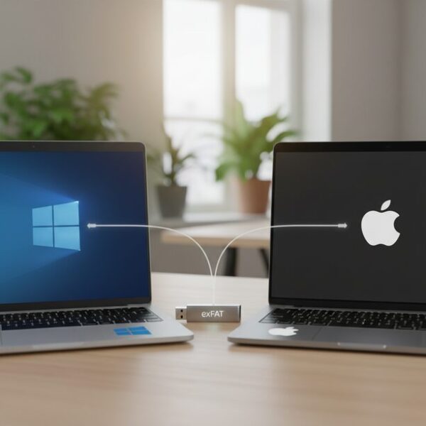 WindowsパソコンとMacBookの中央に置かれた一つのUSBメモリ。異なるOS間でのデータ共有には、exFATなどの適切なフォーマット形式を選ぶ必要があることを示唆している。