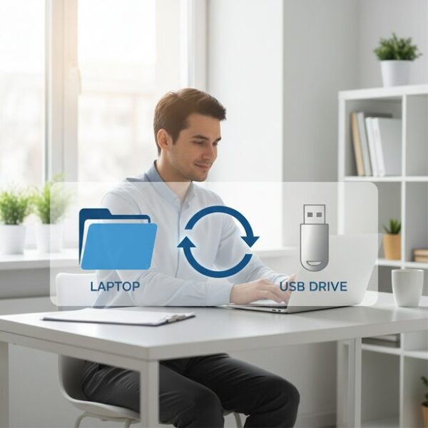 パソコンのフォルダとUSBメモリが同期マークで結ばれているイラスト。ファイル履歴や専用ソフトを使い、ミラーリングやリアルタイム同期でバックアップの手間をなくす自動化の概念を表現。