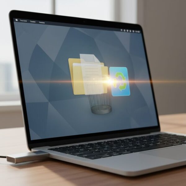 消えかけたファイルが、USBメモリからのデータによって復元されるイメージ。ファイル履歴やTime Machineを使い、万が一のデータ消失時にバックアップから元通りに復旧させる手順の重要性。