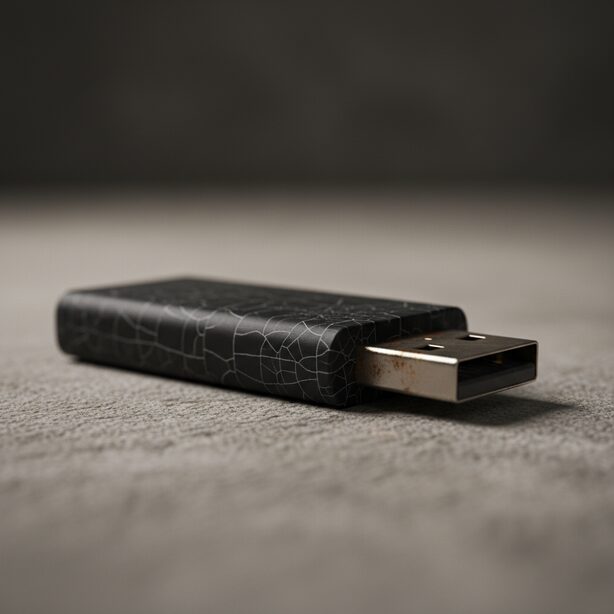 亀裂が入り錆びついたUSBメモリのクローズアップ。データの長期保存における寿命や突然のデータ消失、経年劣化といったリスクやデメリットを象徴的に表現し、バックアップの重要性を示唆。