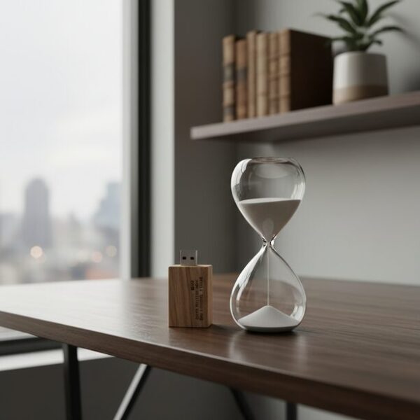 残り時間の少ない砂時計の横に置かれたUSBメモリ。フラッシュメモリの書き込み回数やデータ保持期間には寿命があり、長期保存にはリスクがあること、何年で壊れるかの目安を知ることの重要性。