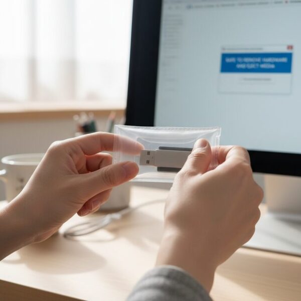 PC画面の「安全な取り外し」通知と、USBメモリをケースにしまう手元。データ消失を防ぐため、安全な取り外し操作の徹底や信頼できるメーカー選び、バックアップといった基本的な注意点を守ることが重要。