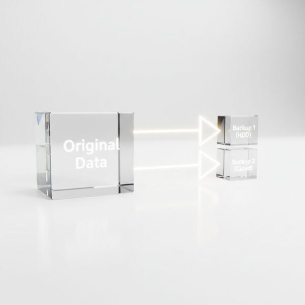 一つのオリジナルデータから、外付けHDDとクラウドへ複製が作られる概念図。データ消失を防ぐ最も基本的な対策はバックアップであり、元のデータとは別の場所にコピーを保存しておくことが重要。