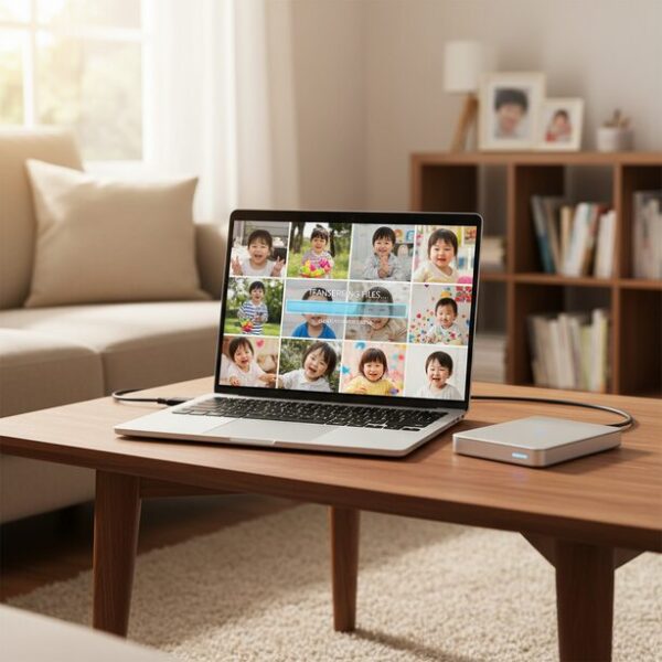 PCに保存された子供の成長記録の写真が、大容量の外付けHDDにバックアップされている様子。二度と取り戻せない写真や動画などの重要データは、3-2-1ルールに則って守ることが推奨される。