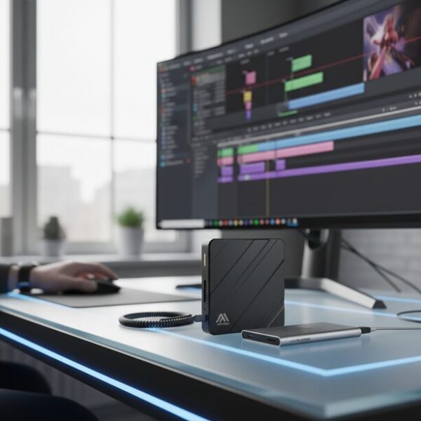 デスクに並べられた大容量の外付けHDDと高速な外付けSSD。動画ファイルなど大容量データのバックアップには、コストパフォーマンスに優れたHDDや、読み書き速度が速いSSDが最適な選択肢。