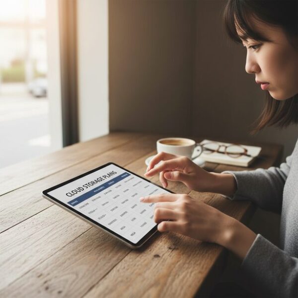 タブレットでGoogle OneやiCloud+など各種クラウドストレージの料金プランを比較検討している手元。オフサイトバックアップに有効なクラウドは、サービス毎の料金や容量を比較して選ぶことが大切。