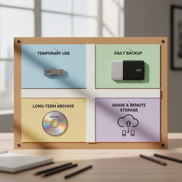 用途別に4分割され、USBメモリ、SSD、M-DISC、クラウドが配置されたボード。データの受け渡し、日常バックアップ、長期アーカイブなど、目的に合わせて最適な保存メディアを使い分けることが賢い方法。