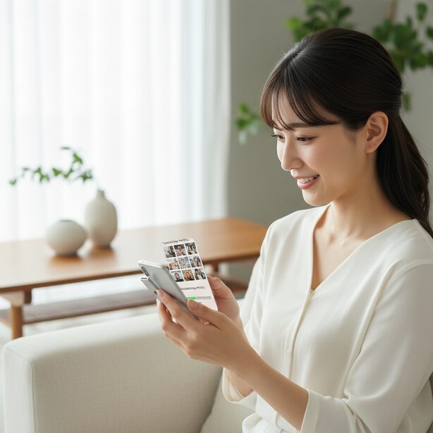 明るいリビングで、女性がスマートフォンにUSBメモリを接続して写真データを簡単にバックアップしている様子。スマホの容量不足が解消され、安心して微笑んでいる。