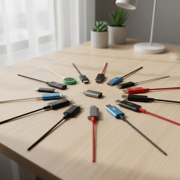 様々な接続端子を持つスマホ用USBメモリがデスクに並び、選び方のポイントを示唆している。MFi認証や容量など、自分に合う製品を選ぶ重要性を表現したシーン。