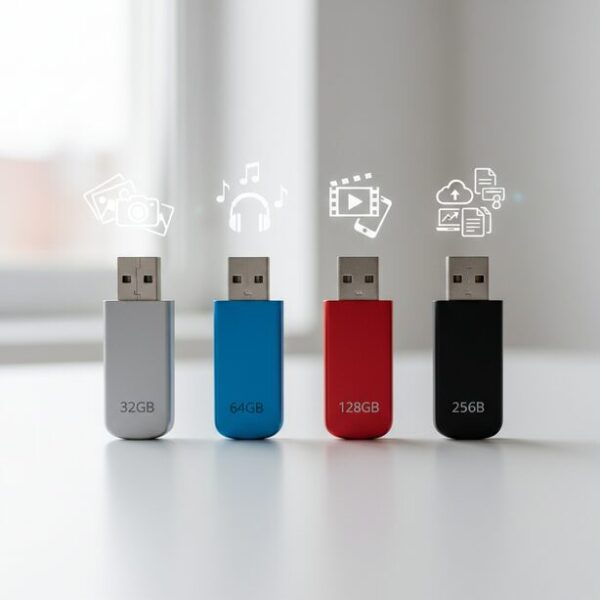 32GBから256GBまで容量の異なるUSBメモリが整然と並ぶ。写真や動画など、用途に合わせた最適なストレージ容量の目安を選ぶことの重要性を示すインフォグラフィック。