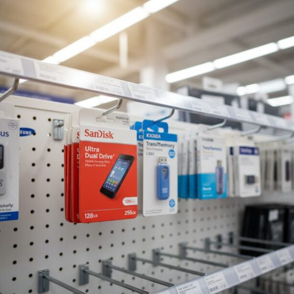 家電量販店の棚に並ぶSanDiskやKIOXIAなど人気メーカーのスマホ用USBメモリ。専門スタッフに相談しながら、信頼性の高いおすすめブランドを選ぶことができる安心感。