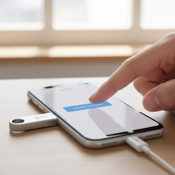 MFi認証のUSBメモリを接続したiPhoneの画面。専用アプリを使い、指一本で写真や連絡先のデータを簡単にバックアップしている直感的な操作方法を示している。