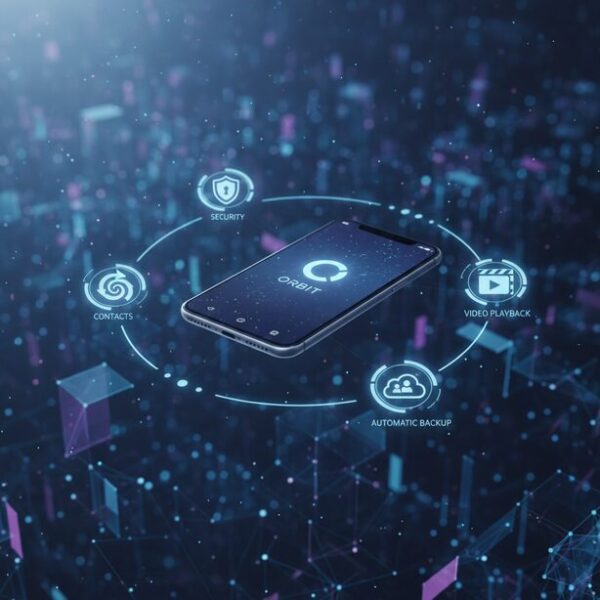 スマートフォンの周りに、自動バックアップ、連絡先の保存、動画の直接再生、セキュリティロックといったアイコンが浮かぶ。スマホ用USBメモリの専用アプリが持つ便利な機能。