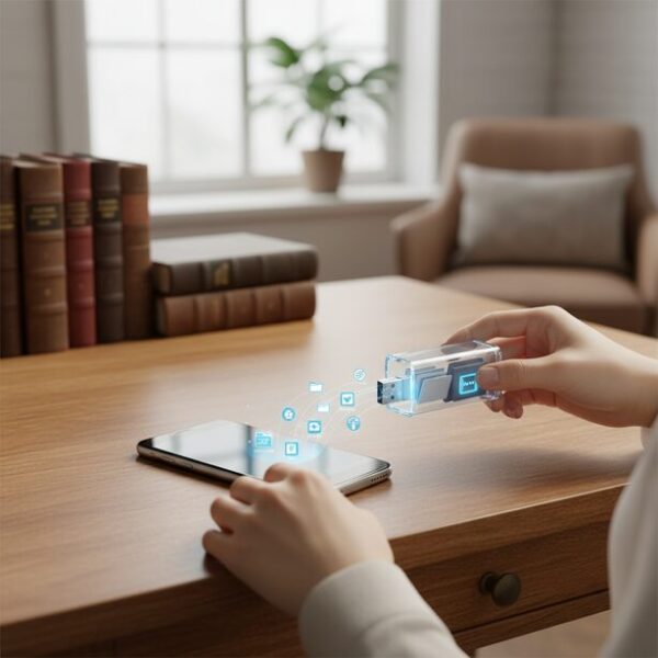 スマホの連絡先データがアイコン化され、USBメモリにきちんと保存されていく。機種変更や故障に備えて、電話帳を安全にバックアップし復元できることの重要性。