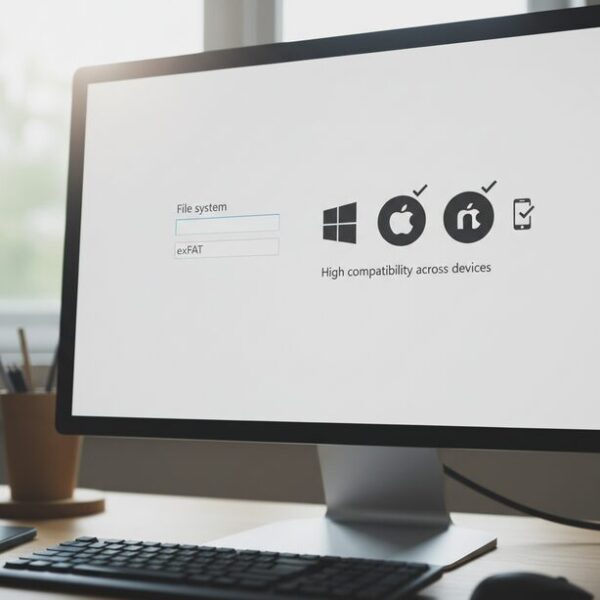 パソコン画面でUSBメモリのフォーマット形式を選択中。「exFAT」を選ぶことでWindows、macOS、スマホ間の高い互換性が得られ、データ共有が円滑になることを表現。